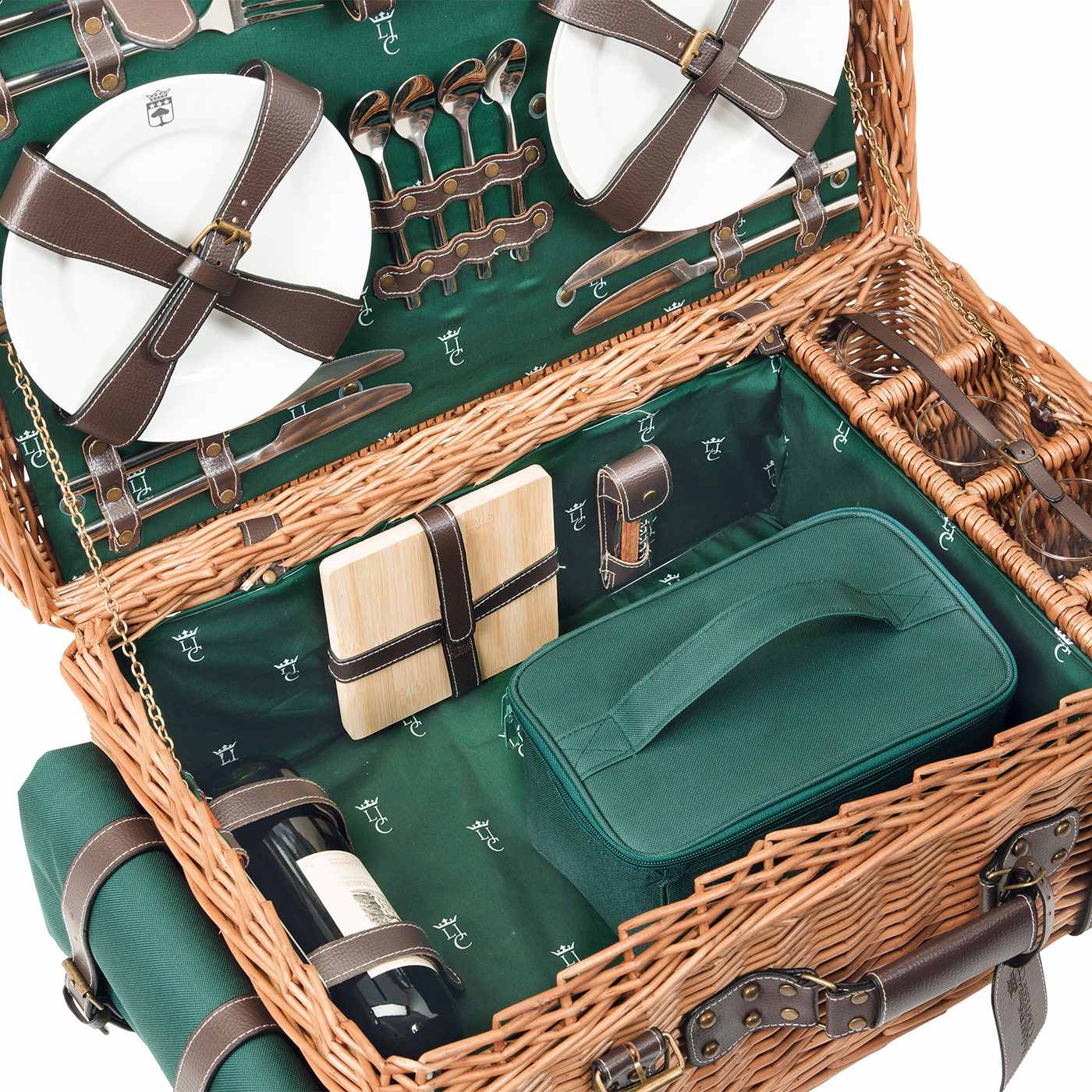 Cesta picnic de mimbre y cuero verde – 4 personas