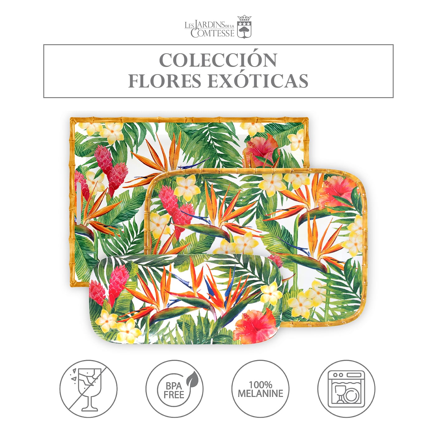 Bandeja de melamina con asas y diseño de flores - 50 x 36 x 5 cm