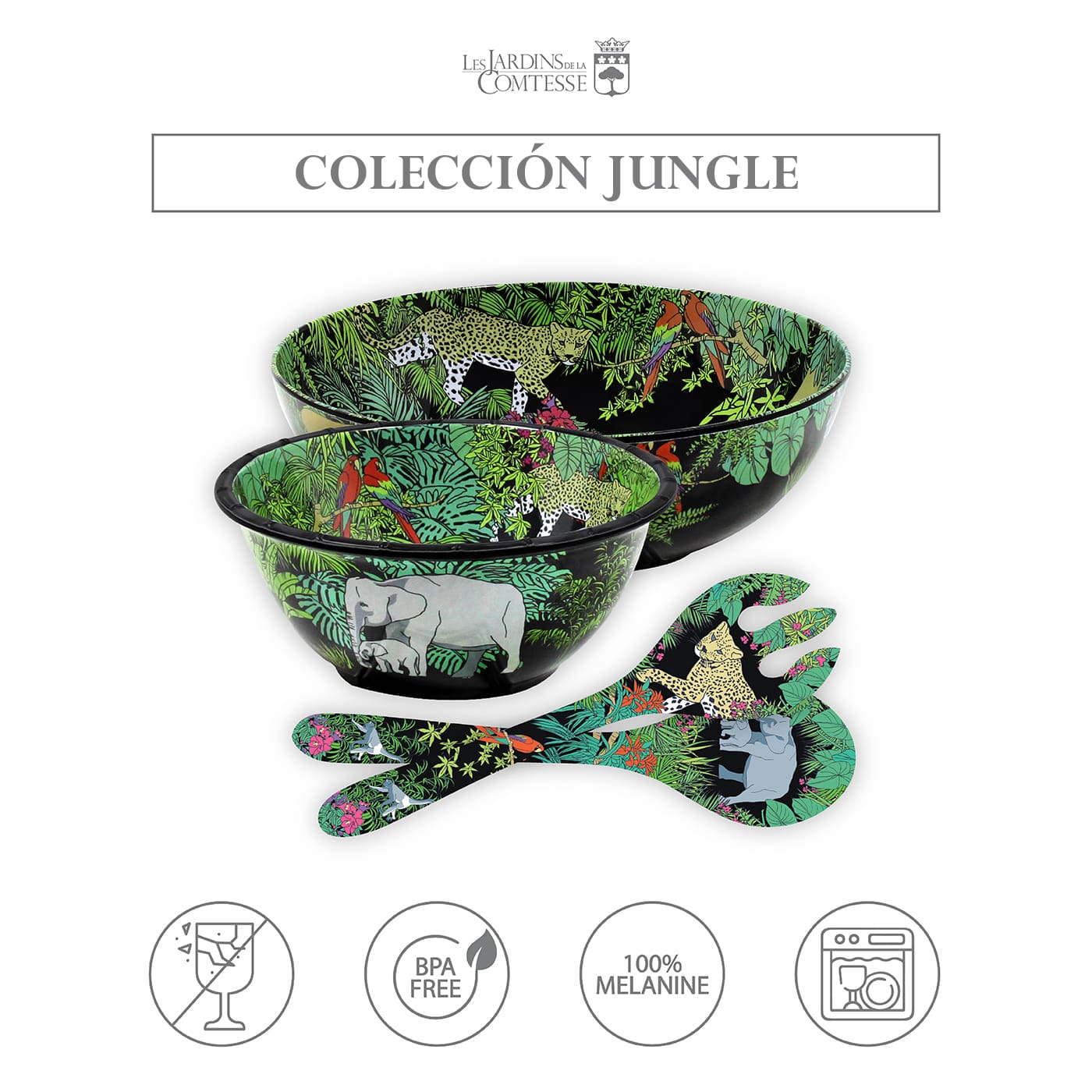 Juego de cubiertos para ensaladas de melamina negra - 25 cm