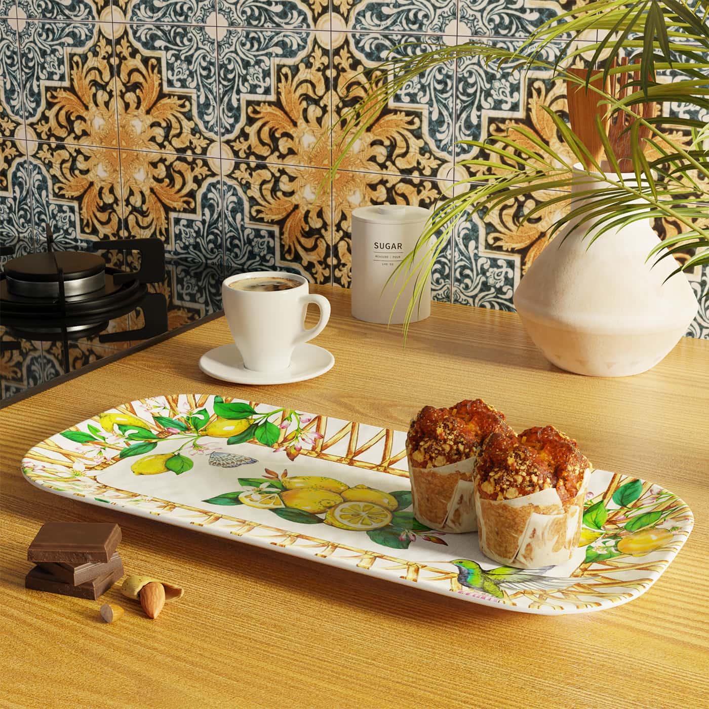 Plato de servicio rectangular de melamina con limones 37,5 x 17