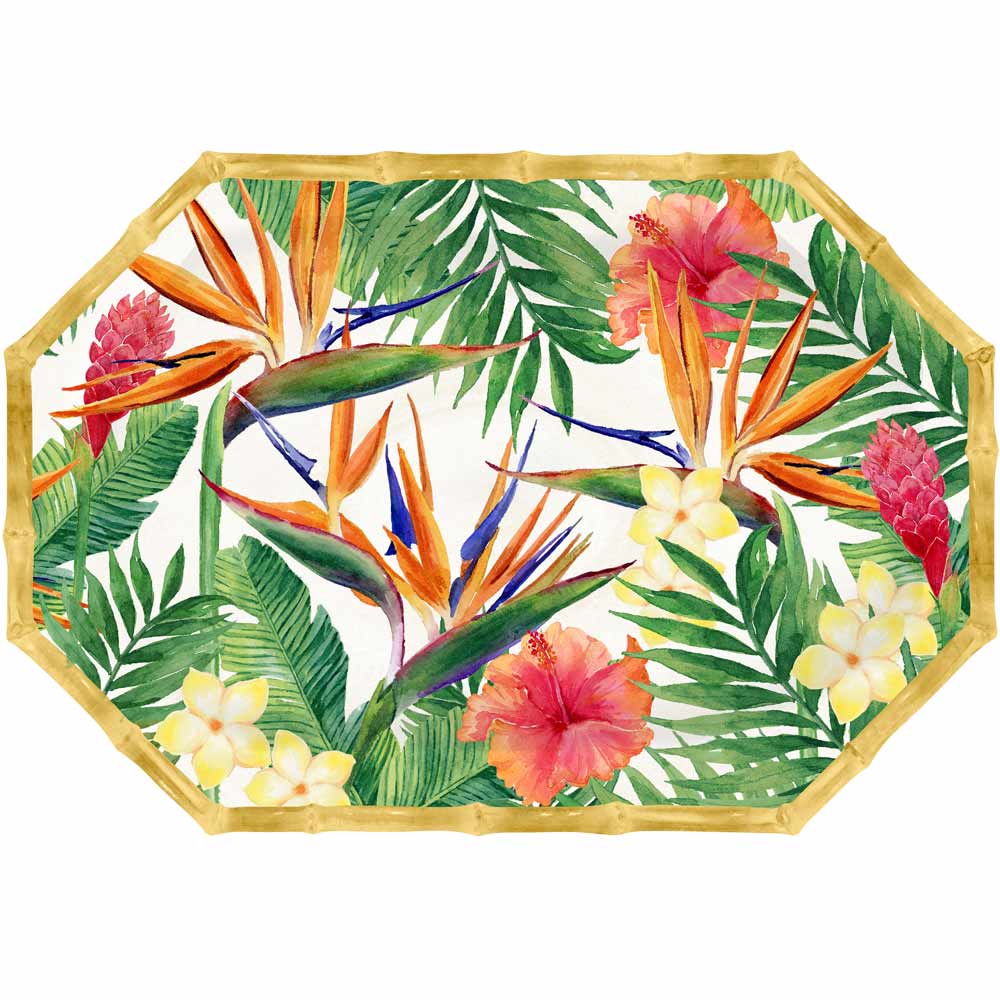 Plato octogonal - contorno de bambú - melamina pura - 40,5 cm - Flores Exóticas