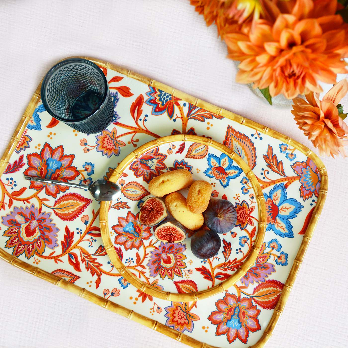 Bandeja rectangular grande de melamina con flores indias - 45 x 32 cm