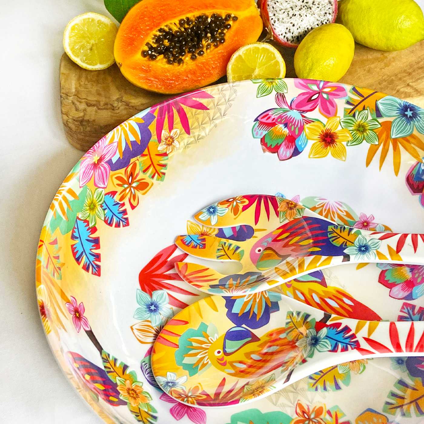 Ensaladera grande de melamina con loros - Ø 31 cm