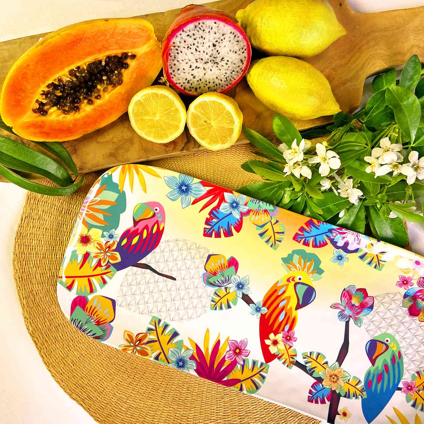 Plato de servicio rectangular de melamina con loros - 37,5 x 17 cm