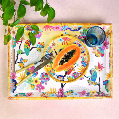 Bandeja de melamina con asas y diseño de loros - 50 x 36 x 5 cm