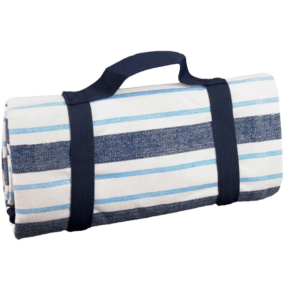 Manta picnic impermeable XL a rayas color azul, celeste y blanco