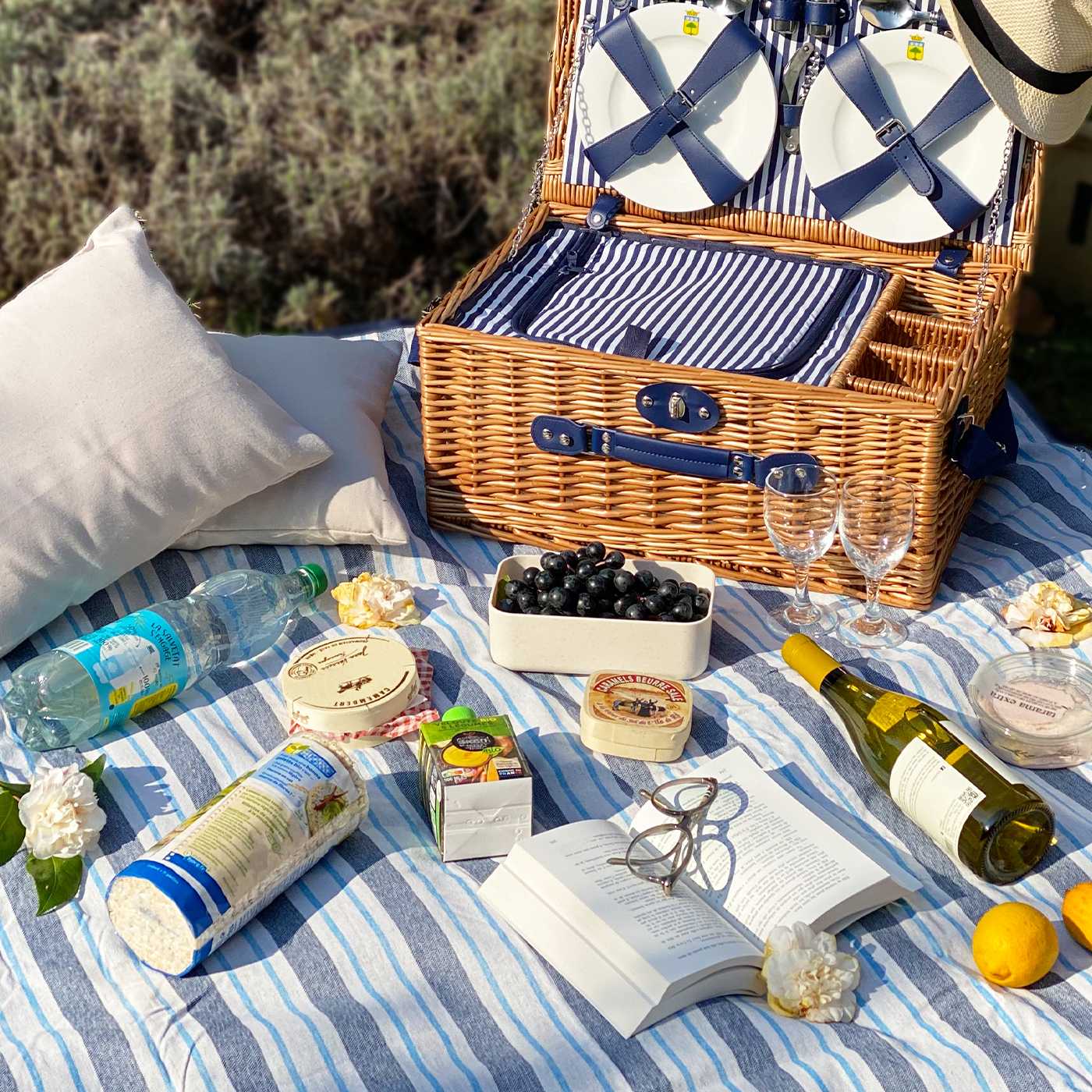 Manta picnic impermeable azul y blanco con rayas