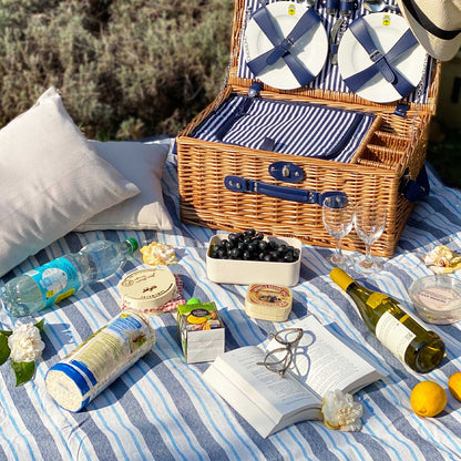 Manta picnic impermeable azul y blanco con rayas
