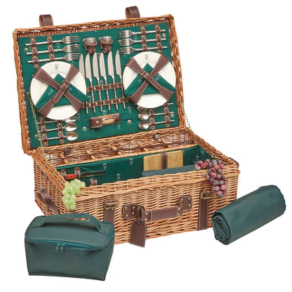 Cesta picnic de mimbre y cuero verde – 6 personas