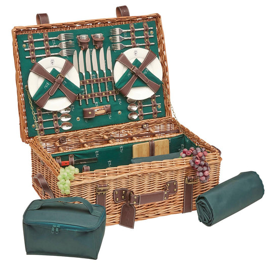 Cesta picnic de mimbre y cuero verde – 6 personas