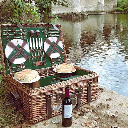 Cesta picnic de mimbre y cuero verde – 6 personas