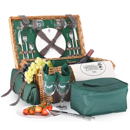 Cesta picnic de mimbre y cuero verde – 2 personas