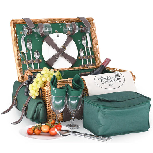 Cesta picnic de mimbre y cuero verde – 2 personas