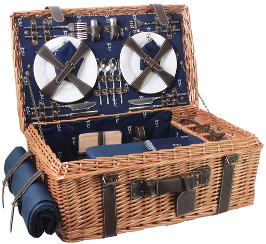 Cesta picnic de mimbre y cuero azul – 4 personas