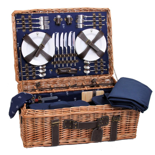 Cesta picnic de mimbre y cuero azul – 6 personas