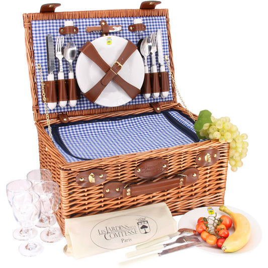 Cesta picnic de mimbre Marly vichy azul - 4 personas