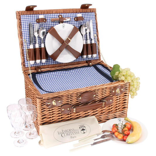 Cesta picnic de mimbre Marly vichy azul - 4 personas