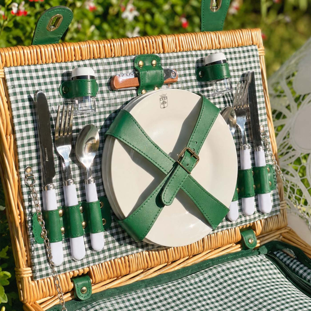 Cesta de picnic de mimbre Marly verde - 4 personas