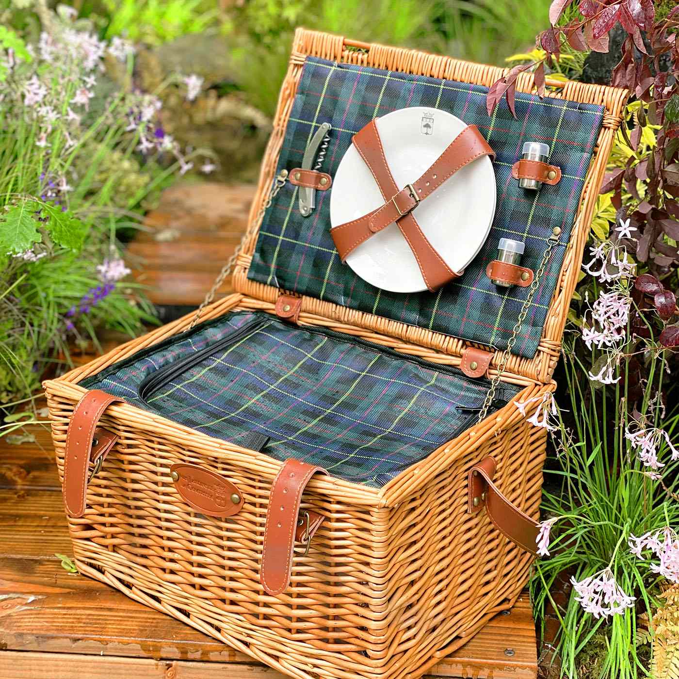 Cesta picnic de cuero tejido tartán verde - 2 personas