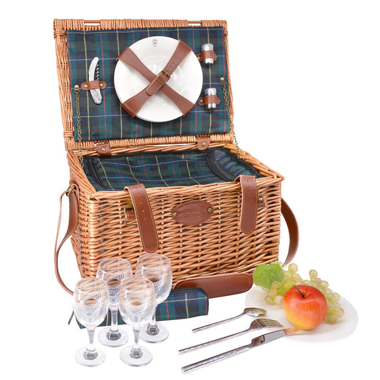 Cesta picnic de cuero tejido tartán verde - 4 personas