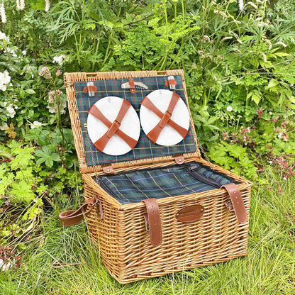Cesta picnic de cuero tejido tartán verde - 6 personas
