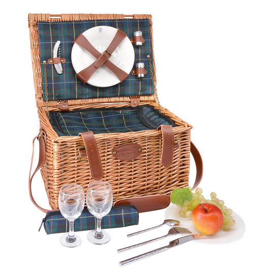 Cesta picnic de cuero tejido tartán verde - 2 personas