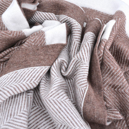 Manta de lana esmaltada marrón y marfil - grande diseño de espiguilla - 130 x 200 cm