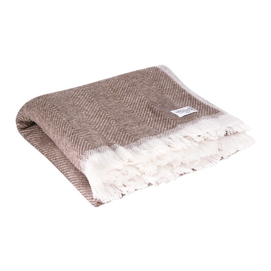 Manta de lana esmaltada marrón y marfil - grande diseño de espiguilla - 130 x 200 cm