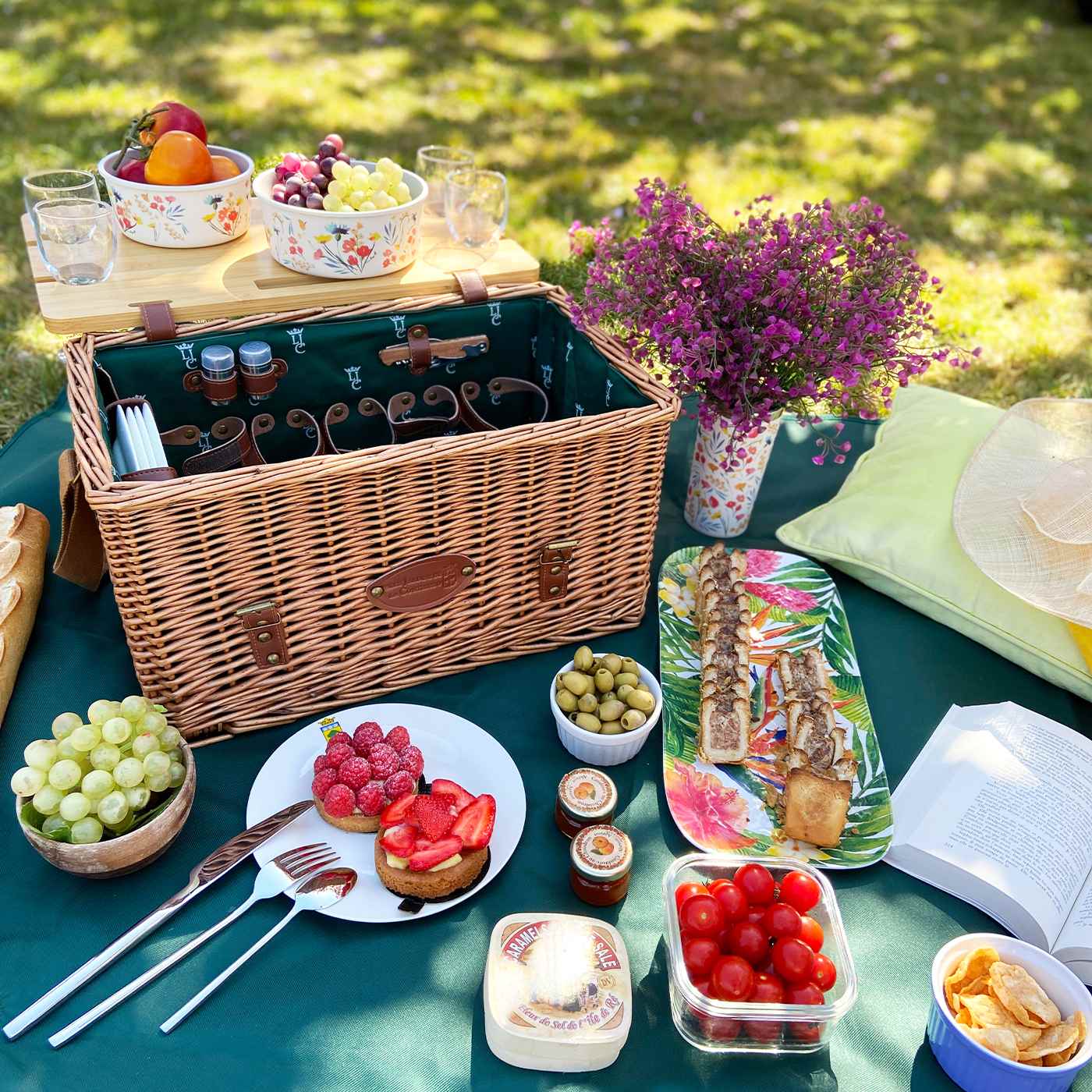 Cesta picnic de cuero Saint-Honoré verde - 4 personas