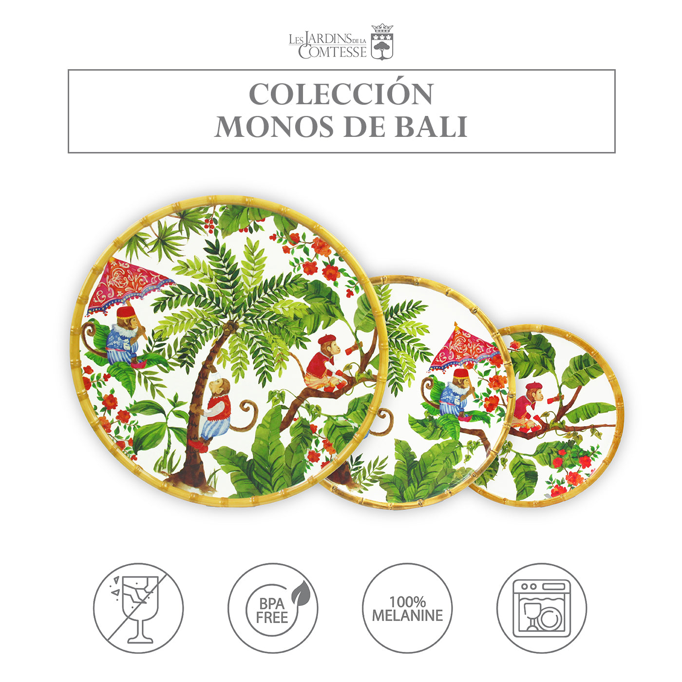 Plato llano de melamina con monos - Ø 28 cm