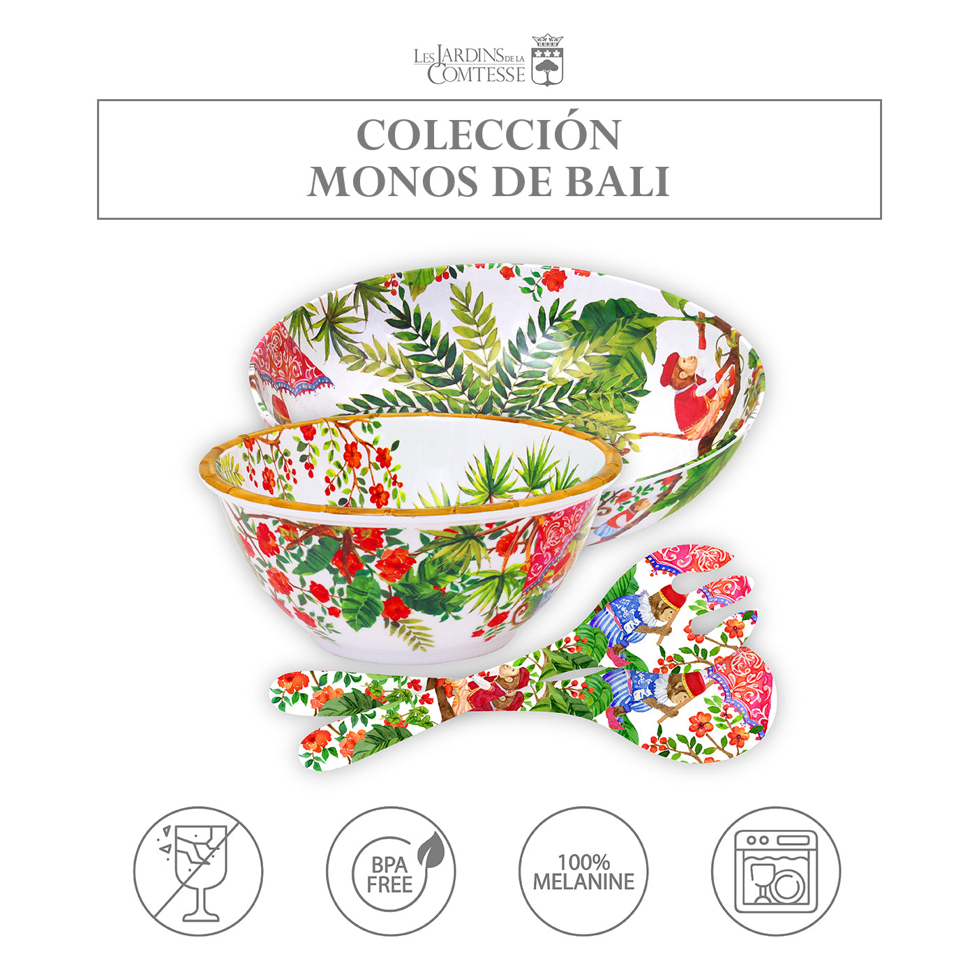 Servidores para ensaladas de melamina con monos - 25 cm