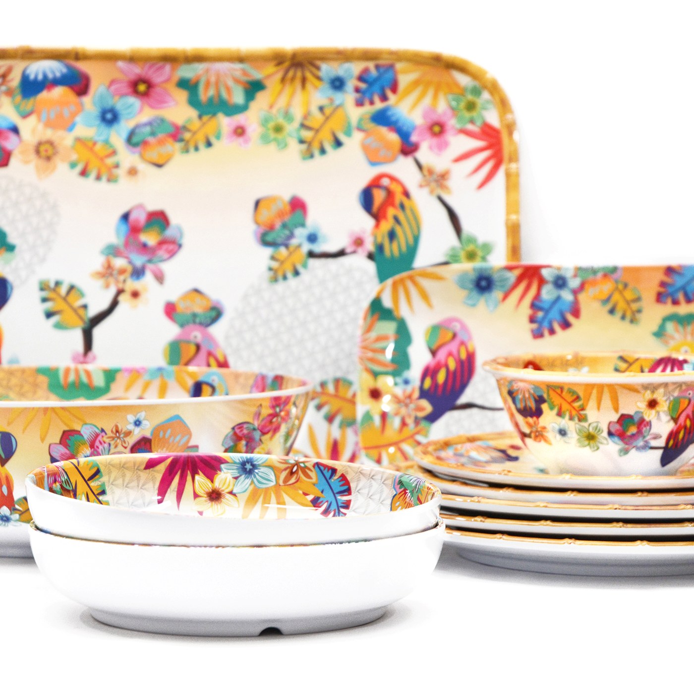 Plato de servicio rectangular de melamina con loros - 37,5 x 17 cm
