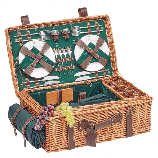 Cesta picnic de mimbre y cuero verde – 4 personas